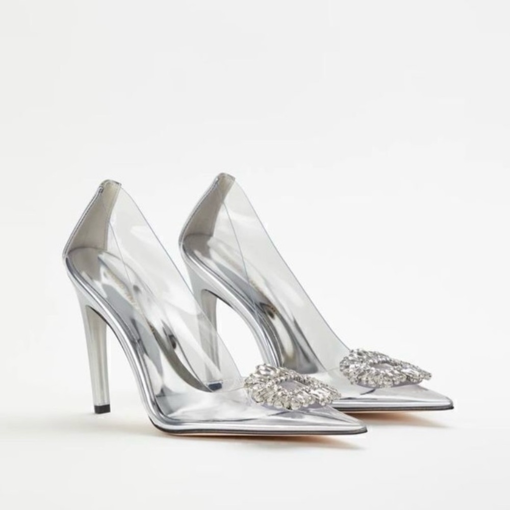 Good American Cinder-F*cking-Rella Jeweled Toe PVC Stilettos in Clear 8.5